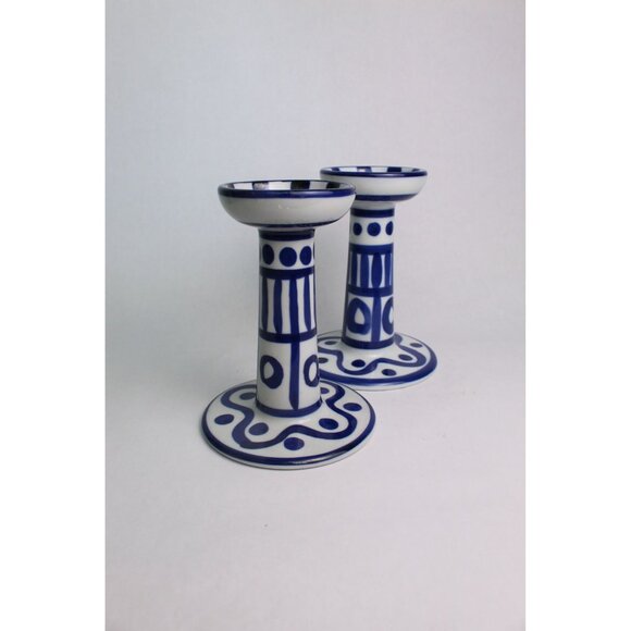 Vintage Dansk Blue & White Porcelain Candlestick Holders | Arabesque - Picture 3 of 10